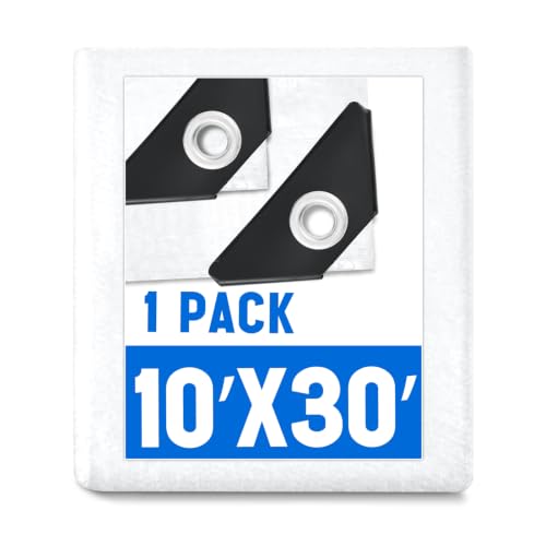 Image of 1 Pack White Tarps 10 x 30 ft, 5.5 Mil Heavy Duty Waterproof Tarp, Multipurpose Shade Tarp for Patio, Pergola, Swimming Pools, Boats, Camping, Courtyards, Sunshade & Outdoor Protection Cover