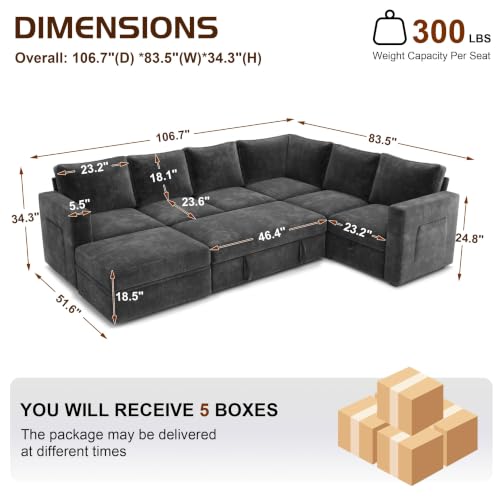 Image of 106.7 inch Chenille Sectional Sleeper Sofa, Pull Couch with Storage, Dark Gray | 7 Seat Comfy Couches for Living Room, Apartments, or Guest Spaces; Sectionals Modular Sofa Design, Comfortable Seating.