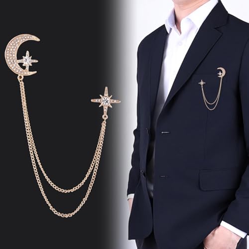 Image of Moon Star Rhinestone Brooch with Gold Tassel Brooch for Unisex