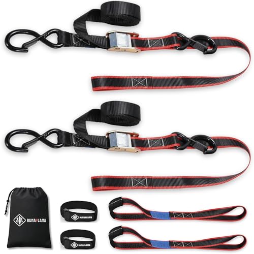 RUNAFLAMA - Sangle Moto Remorque Crochets En S - Sangles D'arrimage Moto Guidon, Châssis, Anneaux - 550 kgf Rupture + 2 Petites Boucles Souples 30cm + 2 Bandes Auto-agrippantes + Sac - Lot de 2 x 1,9m