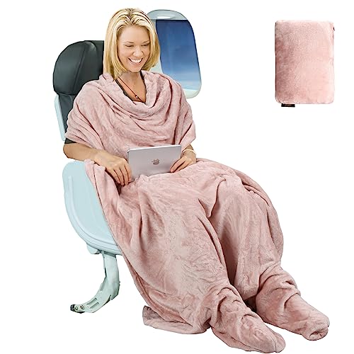 Tirrinia Travel Portable Blanket with Feet Pocket Airplane Office Poncho