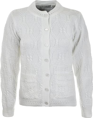 WearAll Women's Ladies Long Sleeve Button Top Aran Knitted Cardigan Button Clouse Crew neck UK (14/16, White)