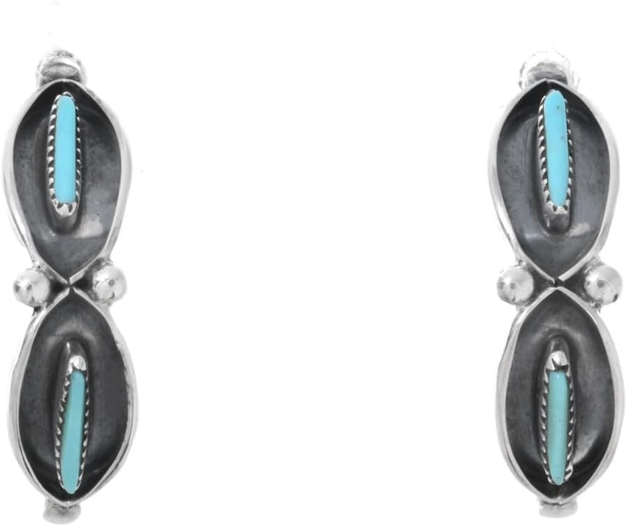 Small Zuni Needlepoint Turquoise Silver Earrings Sterling Half Hoop Posts 0822