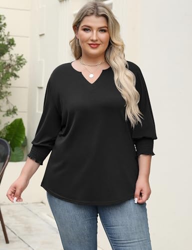 Rapbin Womens Plus Size Tops 3/4 Sleeve Blouses Shirts Casual V Neck Loose Tunic Tops 1X-5X
