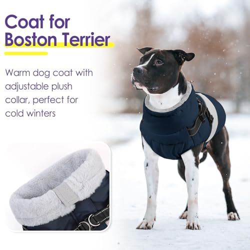 Image of Dog Jacket, Large Dog Coat with Harness Built in, Warm Pet Winter Jacket Zippered Snow Coat with Furry Collar, Waterproof Fleece Snowsuit for French Bulldog, Navy Blue L