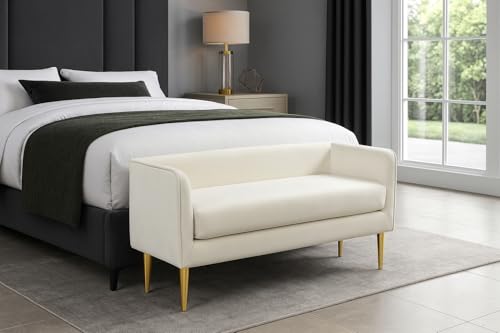 Meridian Furniture Audrey Collection Modern | Contemporary Velvet Upholstered Bench with Sturdy Metal Legs in Gold Finish, 52" W x 19" D x 24" H, Cream - Thumbnail 2