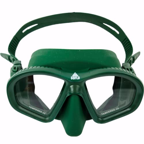 Soflo Spearfishing Low Volume Dive Mask for Scuba Diving, Snorkeling, Free Diving and Swimming - Tempered Glass Wide View Len - Soft Silicone - Double Seal Skirt- Universal Fit - Green Kelp