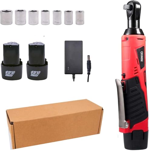 QIUMIN Chiave a Cricchetto a Batteria 45 N.m, Set di Chiavi da 3/8", Avvitatore Elettrico con 2 Batterie da 1500mAh, 12V Senza Fili con LED, 7 Bussole per Riparazioni Domestiche e Officina