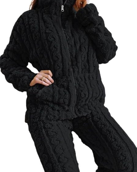ukal 2PCS Winter Night Suit Collar Zip Up Fuzzy Top & Pants Set for Men and Women-picture-23