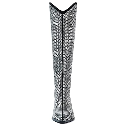 Gradinery Mirrored Rhinestone Cowboy Boots With Chunky Silver Heels Knee High Boots That Sparkle And Shine Womens Western Dance Parties And The Party3