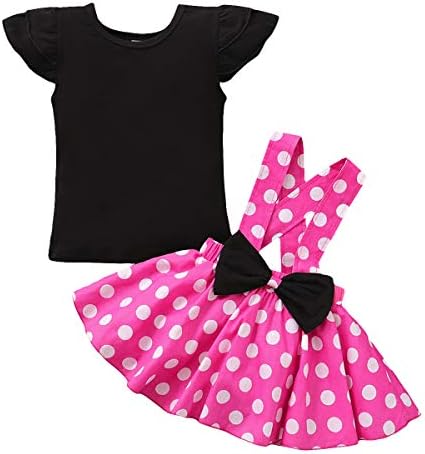 Baby Girls Skirts Set Ruffle Cloth +Polka Dot Overall Dress Bow Polka Dot Skirt Set (Pink Short, 4-5 T)