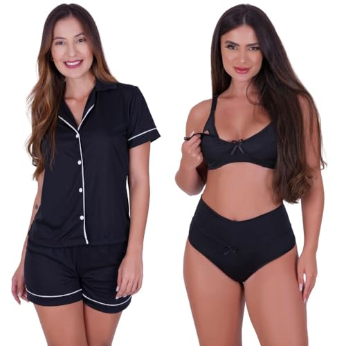 Pijama com Botões + Sutiã Amamentação Liso + Calcinha Pós Parto (BR, Alfa, G, Regular, Regular, PRET