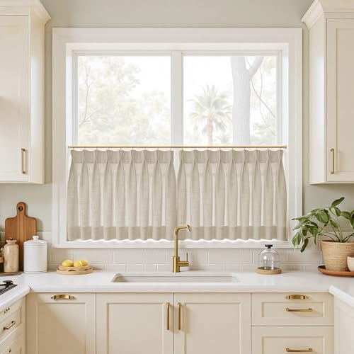Image of TWOPAGES 34 inch inch W x 45 inch inch L Linen Blend Cafe Curtains for Kitchen Window, Light Filtering Pinch Pleated Tier Curtains, Modern Farmhouse Half Window Curtains for Small Window, Burlywood Birch, 2 Panels