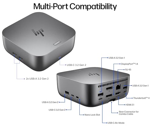 Image of HP Thunderbolt 4 Ultra 180W G6 Dock (9X481UT), 13-in-1 USB-C Docking Station with Max 180W Charging, 4X 4K Displays, 3-Yr Warranty, RJ45, HDMI, 7 USB Ports, 2X DisplayPort for Laptop, MacOS, ChromeOS