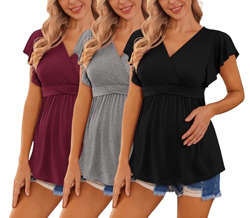 Image of Ekouaer Maternity Shirts 3 Packs Flying Short Sleeve Nursing Tops Pregnancy Clothes