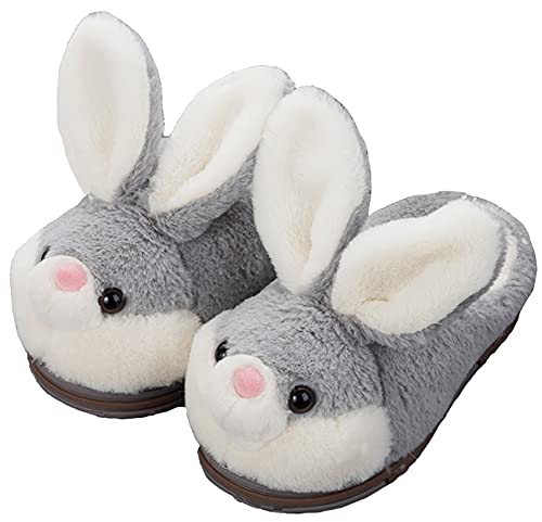 YELAN femmes Mignonne lapin Animaux Chaussons Intéressant Confortable Peluche Chaussons Velu hiver Garder chaud Homme Accueil Chaussons (43/44, Grey slipper, numeric_43) Cover