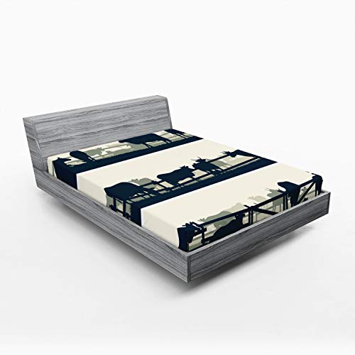 Ambesonne Fence 2 Pack Fitted Sheet, Farm Grazing Cows and Bulls, Bed Cover All-Round Elastic Deep Pockets 2 Pieces, Package Contains 2 Full Size Fitted Sheets, Petrol Blue