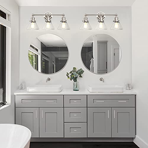 Image of Design House Augustin Vanity Light, 3-Light, Seeded Glass Warm Glow, Dimmable, Up /Down Glow, Easy Installation, E26 Socket, Satin Nickel, 25.9 in L x 8.3 in D x 11.1 in H, 589036-SN