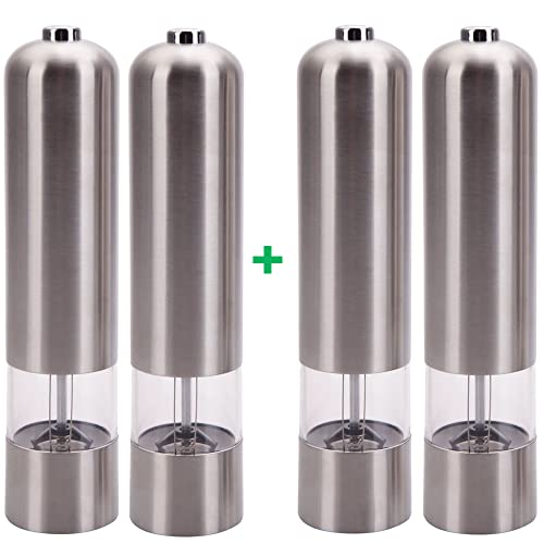 Salt and Pepper Grinder Set Automatic Pepper Salt Grinder Mills 2 pieces Battery Operate Amebee Stainless Steel Electric Mill Grinder Silver (2 Pairs)