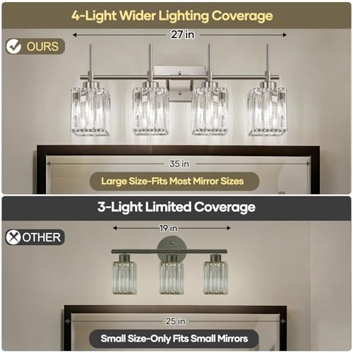 Image of Torondo Modern Crystal Bathroom Vanity Light 4-Light Brushed Nickel Bathroom Light Fixtures Over Mirror Vanity Lighting Fixtures Square Shade Wall Sconce (Bulbs Not Include)