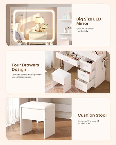 Image of LIVELYGLOW White Makeup Vanity Desk with Charging Station & 4 Drawers | Smart LED Mirror, Cushioned-Stool, Hairdryer-Rack