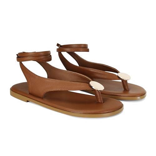 GTBINGGO Brown Flat Sandals for Women Strappy Sandals Comfortable Dressy Beach Flip Flop Slides Thong Sandals for Women