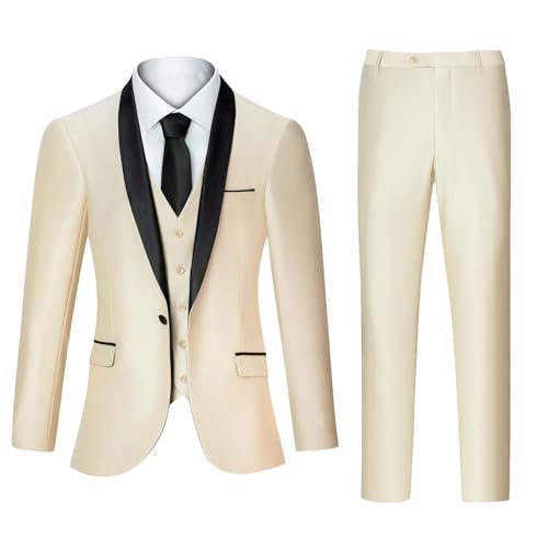 Men 3 Pieces Formal Business Notch Lapel Slim Fit Tuxedo Blazerss Set Blazerss Vest Pants Beige