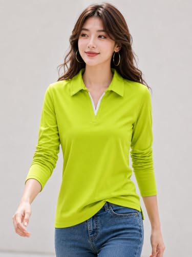 Image of Women's Solid Polo T Shirt with Collar, Long Sleeve V Neck Casual Top, Regular Fit Everyday Wear