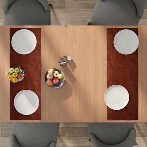 Image of Encasa XO Dining Table Runner for 4 to 6 Seater | 32x91 cm | Rust Orange | Chenille Fabric | Machine Washable