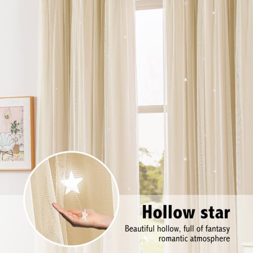 Image of indistar Star Cutout Kids Window Blackout Curtains for Girl Bedroom Window Room Darkening Curtains & Drapes Baby Nursery Curtains (2 Panel,35Wx90L inch,Cream)