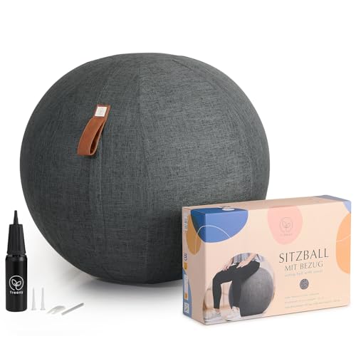 Treasy Sitzball mit Bezug 60-65cm, Ergonomischer Gymnastikball mit Griff, Stoff Fitnessball Home Office & Büro, inkl. Pumpe & Ball, Rückenfreundlich Sitzen, Yogaball mit abnehmbarem, waschbarem Bezug