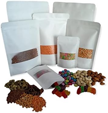 KPB: 50 pcs Resealable White Kraft Paper Stand Up Bags with Zip-lock and Matte Window for Food and non-Food Stuff Packaging Spice Storage bags (14cm x 20cm + 4cm)