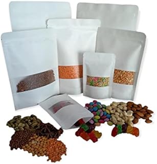 KPB: 50 pcs Resealable White Kraft Paper Stand Up Bags with Zip-lock and Matte Window for Food and non-Food Stuff Packaging Spice Storage bags (14cm x 20cm + 4cm)