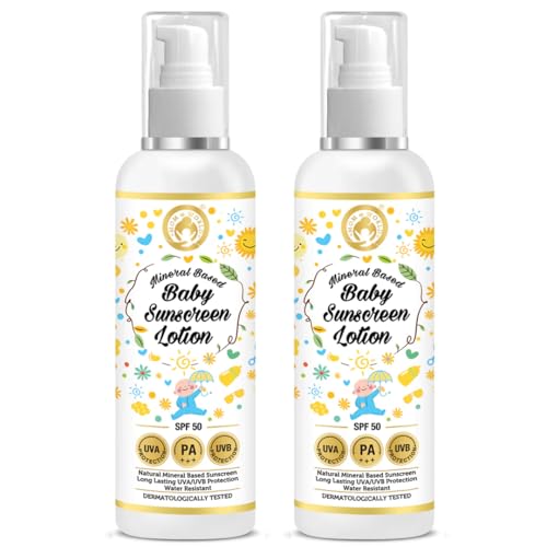 Image of Mom & World Mineral Based Baby Sunscreen Lotion 120ml - Pack of 2 | Spf 50 Pa+++| Uva /Uvb Protection | Chemical Free | Outdoor Safe | Sensitive Skin Friendly | Dermatologically Tested | Water Resistance