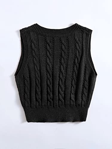 Oyoangle Women's Cable Knit V Neck Sweater Vest Sleeveless Ribbed Crop Top Black S #TOP1