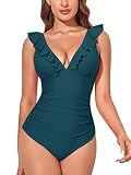 Summer Mae Damen Bauchweg Badeanzug mit Rüschen V-Ausschnitt Monokini Volants Bademode Blau L