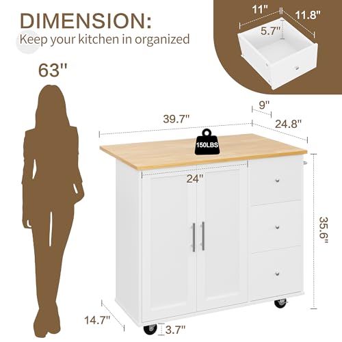 Image of SUNLEI Kitchen Island on Weels with Storage Cabinet & Foldable Drop Leaf, Buffet Sideboard Cabinet, Cart Handle for Towel Rack, Drop Leaf, Portable Islands for Kitchen (Cream White, 39.7-INCH)