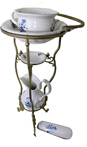 Antik 2000 Waschschüssel Ständer im Barock Stil mit Wasch-Set komplett mit blauen Blumenmuster auch für den Garten