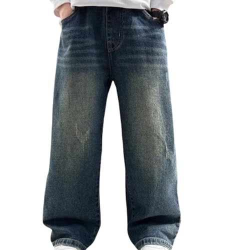 Boys Baggy Jeans Fleece-Lined Straight Wide Leg Denim Pants Kids Casual Elastic Waist Fall Winter Jeans Pockets 3-12 Y 5