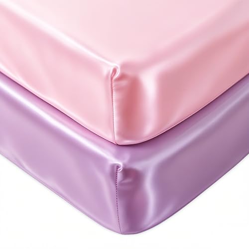 Image of Pro Goleem Satin Pack and Play Playard Sheet, Fitted 2 Pack Great for Baby Hair Silky Feeling 27x39 Inch Playard Mattress Cover Portable Mini Crib Sheet for Girls(Pink & Purple)