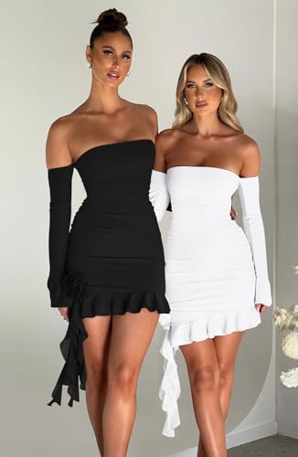 GOKATOSAU Women's Off The Shoulder Long Sleeve 3D Flower Ruffle Hem Bodycon Party Mini Dress3