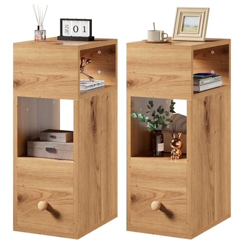 IBUYKE Lot de 2 Tables de Chevet Étroite, Table de Nuit avec 2 Compartiments Ouverts et 1 Tiroir, 20x29x55CM, Table d'appoint pour Les Petits espaces, pour...