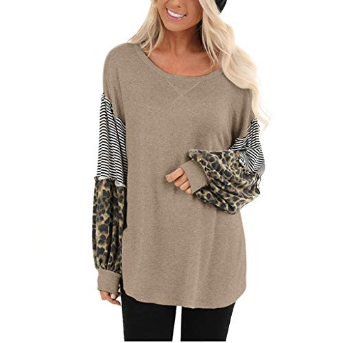 BINMUO 2020 Women Leopard Print Casual Striped T Shirt Long Sleeve Tunic Tops Cotton Loose Fitting B - //coolthings.us