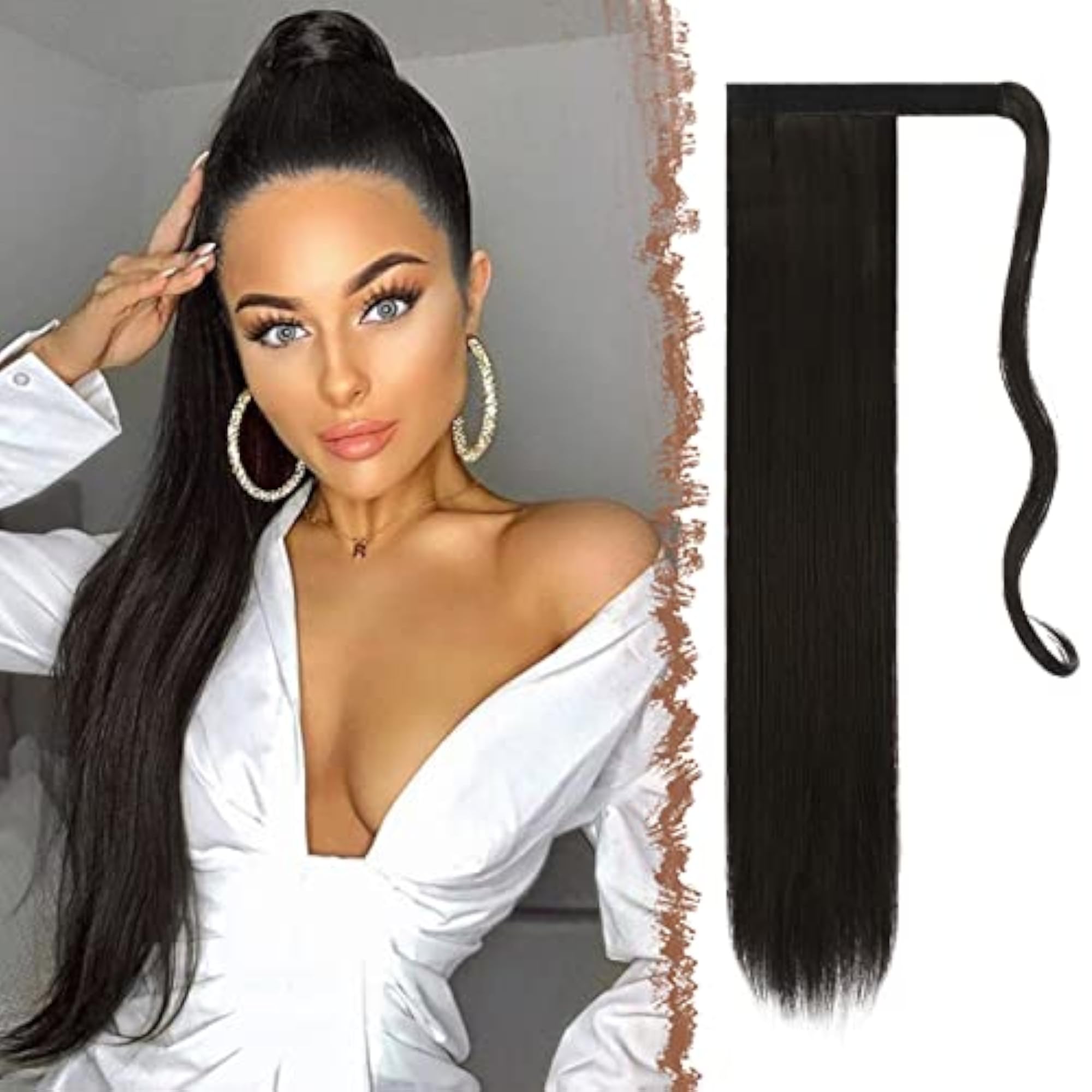 Straight Ponytail Extensions 28 Inch Long Wrap Around Synthetic Hair Piece