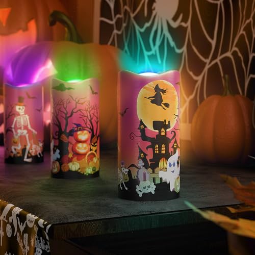 Image of Halloween Candles with 12 LED Light Colors, Battery Operated Flameless Candles, Halloween Decorative Candles with Remote Control Colors and Timer, 3 x 6 Inch, Set of 3