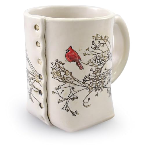 Tranquil Cardinal Slab-Built Stoneware Pottery Mug, 12-oz, Handmade in USA