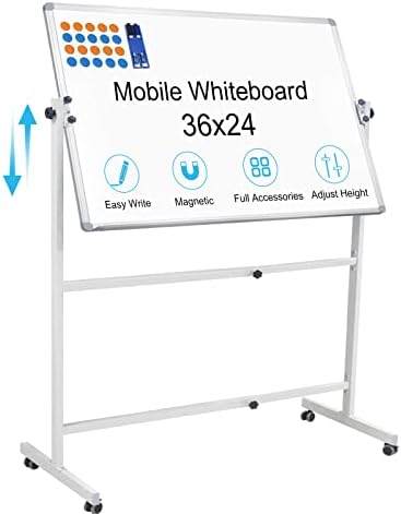 Mobile Whiteboard with Stand 36"x24", Height Adjustable Dry Erase Board with Stand Rolling whiteboard on Wheels Magnetic White Board Including 1 Eraser, 2 Markers and 20 Magnets
