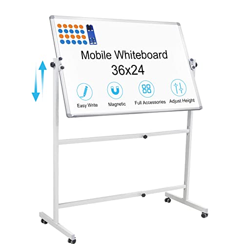 Mobile Whiteboard With Stand 36"X24", Height Adjustable Dry Erase Board With Stand Rolling Whiteboard On Wheels Magnetic White Board Including 1 Eraser, 2 Markers And 20 Magnets #TOP6