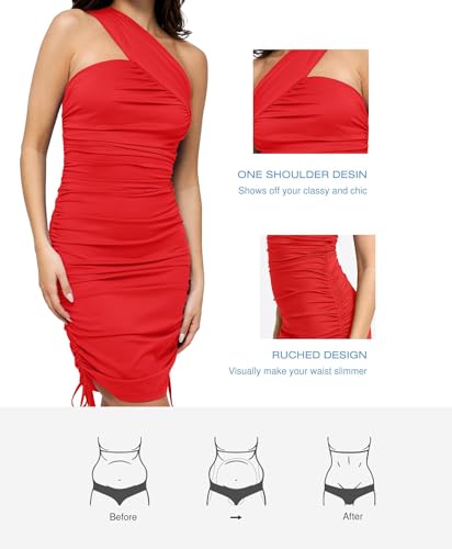 Image of Popilush One Shoulder Ruched Shapewear Dress with Drawstring, Built-in Bra | Tummy Control, Cocktail Party, Formal Occasions