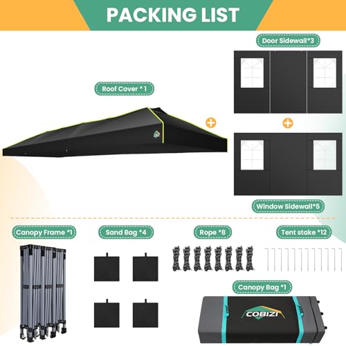 Image of COBIZI 10x30 Pop Up Canopy Tent, Wedding Party Tent with 8 Sidewall One Push Setup Glow, 3 Adjustable Height Air Vent Waterproof UPF50+, Wheeled Bag, Sandbag, Stake, Rope for Commercial, Outdoor